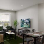 Artist's rendering of interior living area in unit