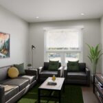 Artist's rendering of interior living area in unit