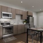 Artist's rendering of interior kitchen in unit