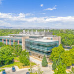 Aerial shot of building exterior showing architectural and design features