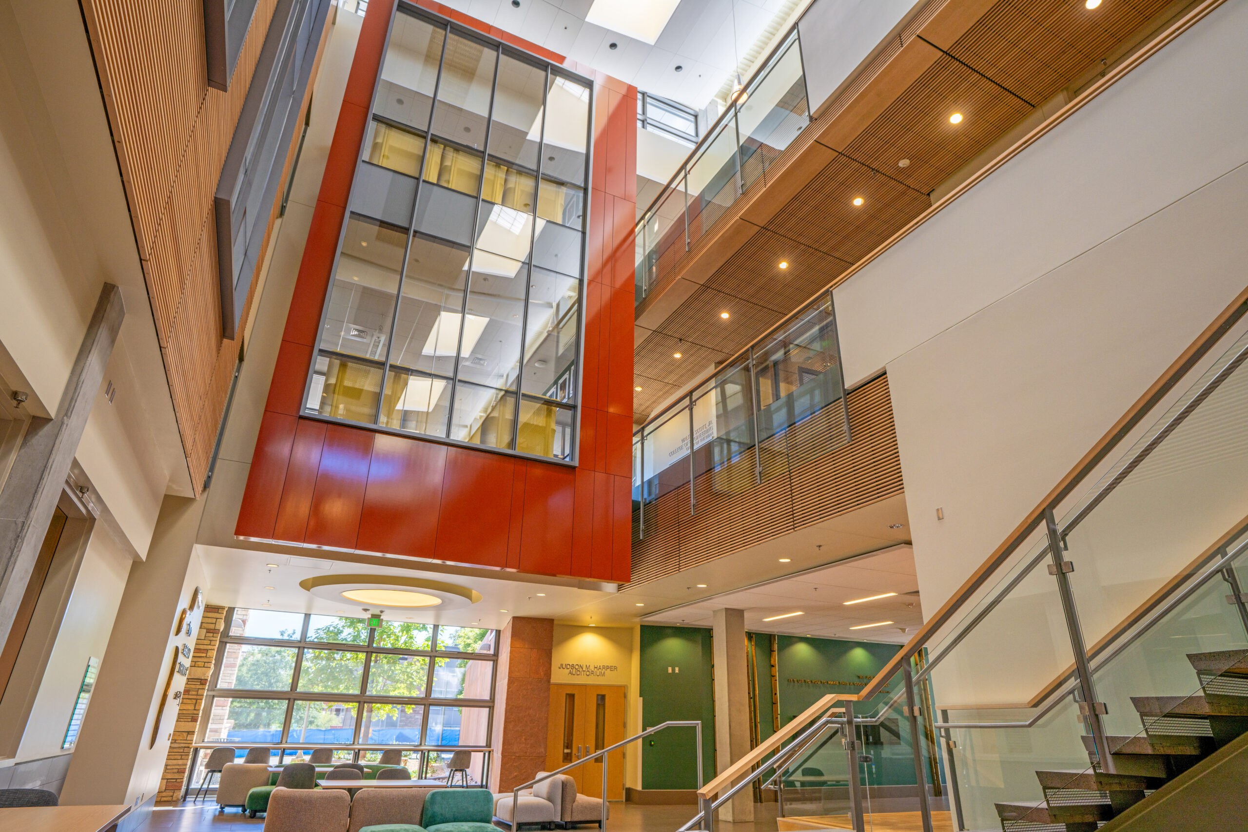multi-level atrium with windows, walkways, dramatic stairways and gathering areas